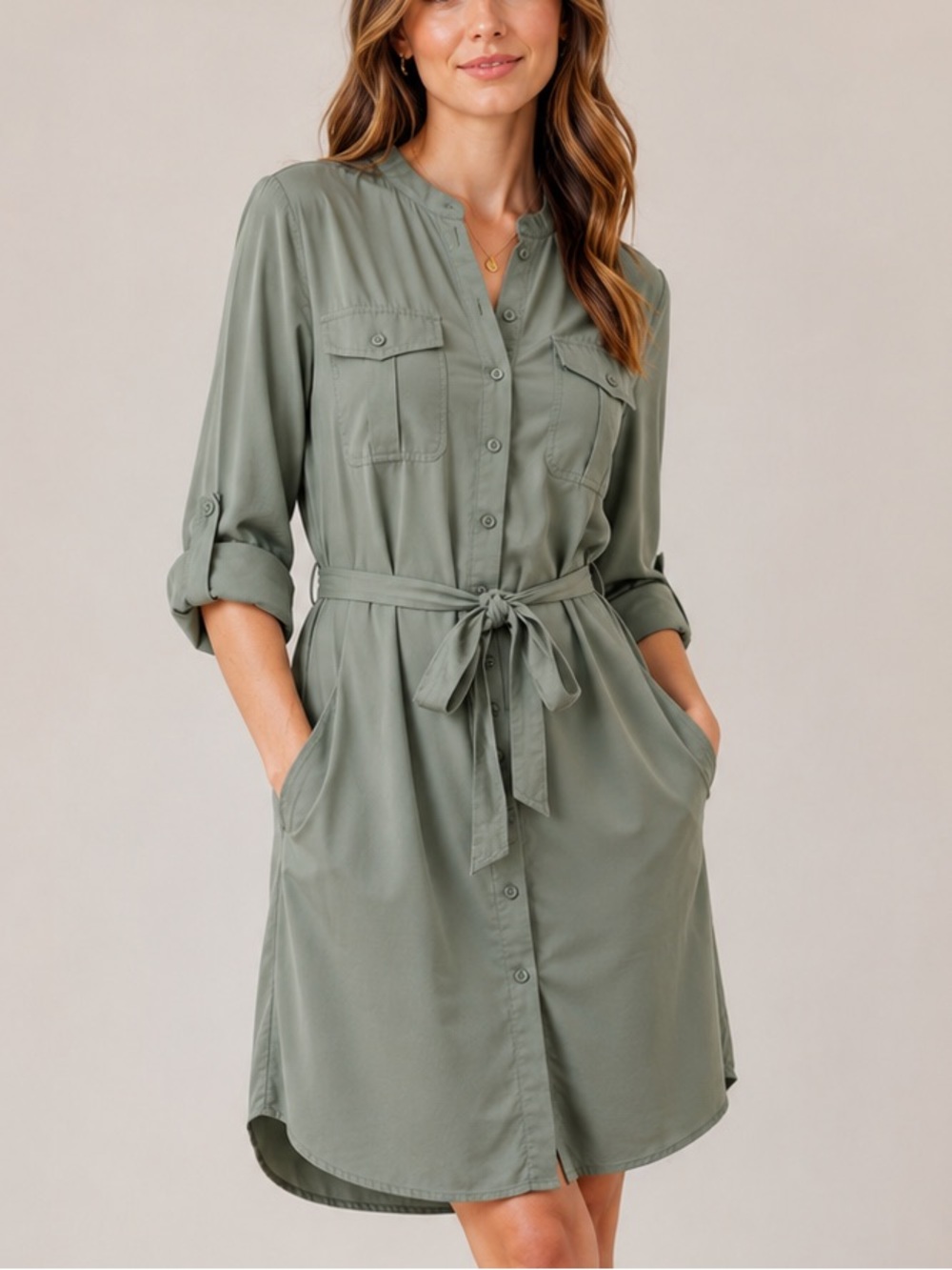 UNTUCKit Olivia Lyocell Shirt Dress Sage Green Belted Pockets Size 4